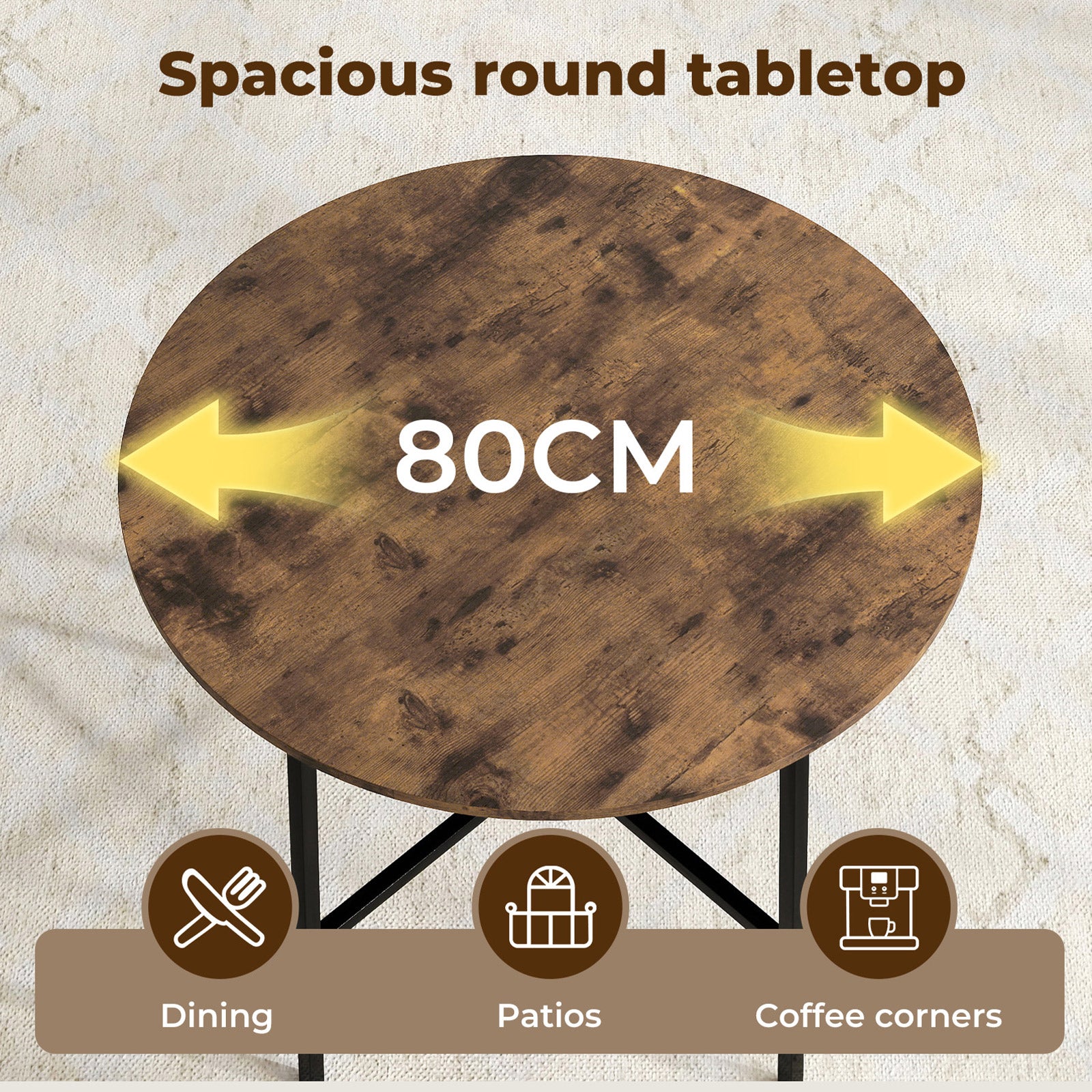 Dining Table Round Kitchen 4 Person Coffee Restaurant Metal Base 80cm | Brown