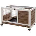 Wood Indoor Rabbit Hutch Elevated 2-floor Guineas Pigs Cage W/ Wheels | Brown
