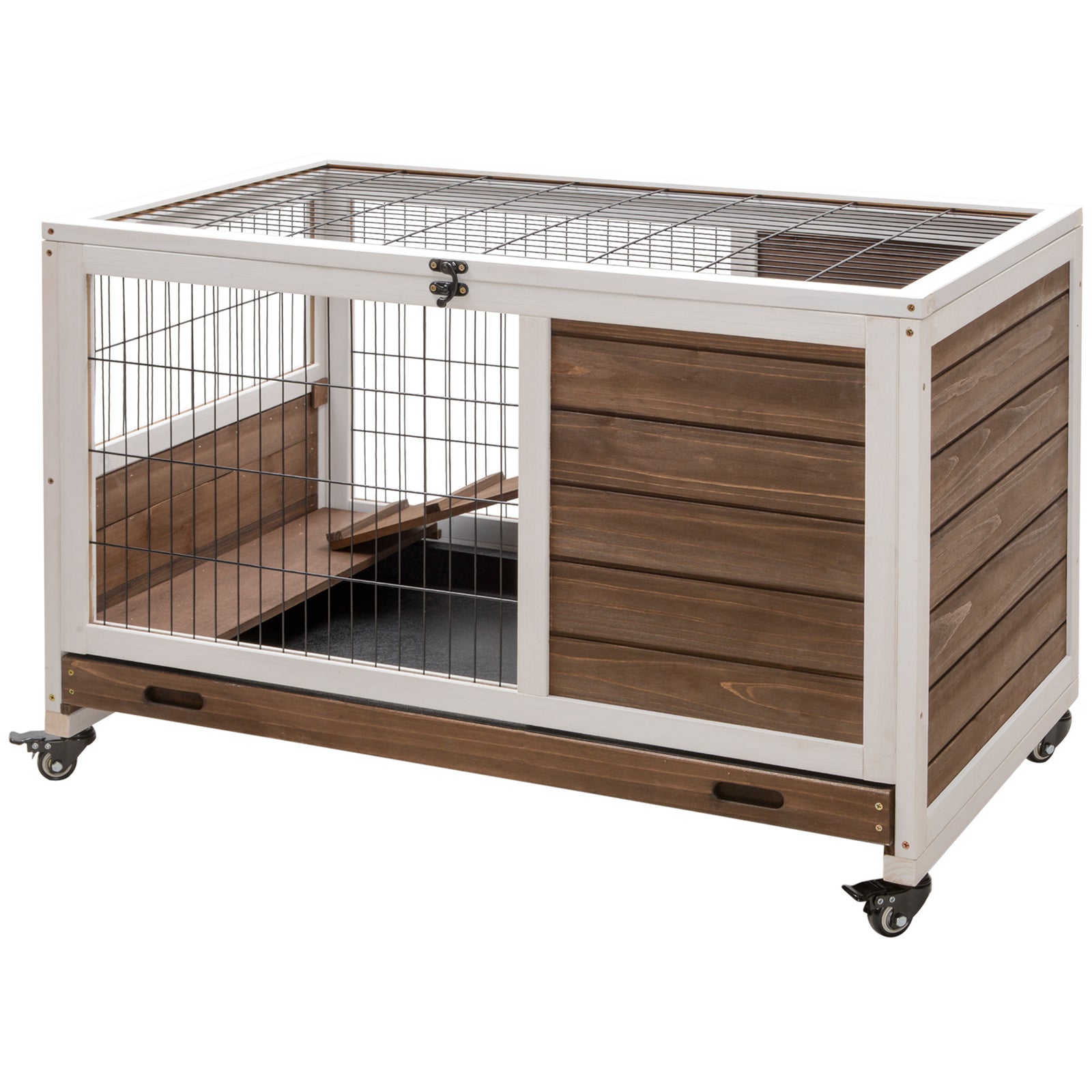 Wood Indoor Rabbit Hutch Elevated 2-floor Guineas Pigs Cage W/ Wheels | Brown