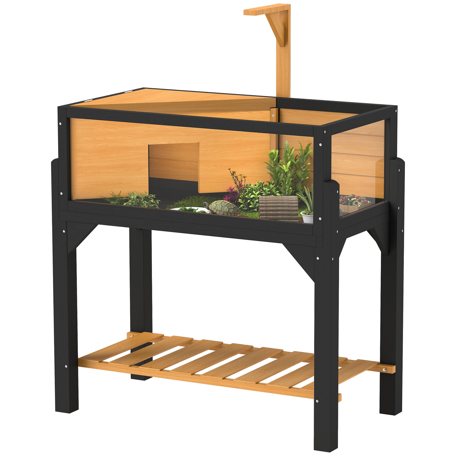 Wooden Tortoise House With Storage Shelf, Clear Observation Windows