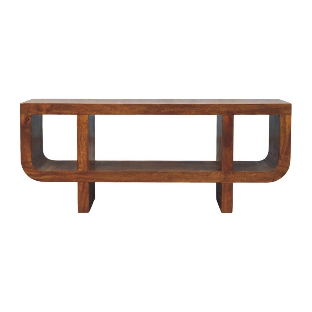Solid Wood Orion Curved Chestnut Media Unit, 3 Open Shelves, Dark Brown