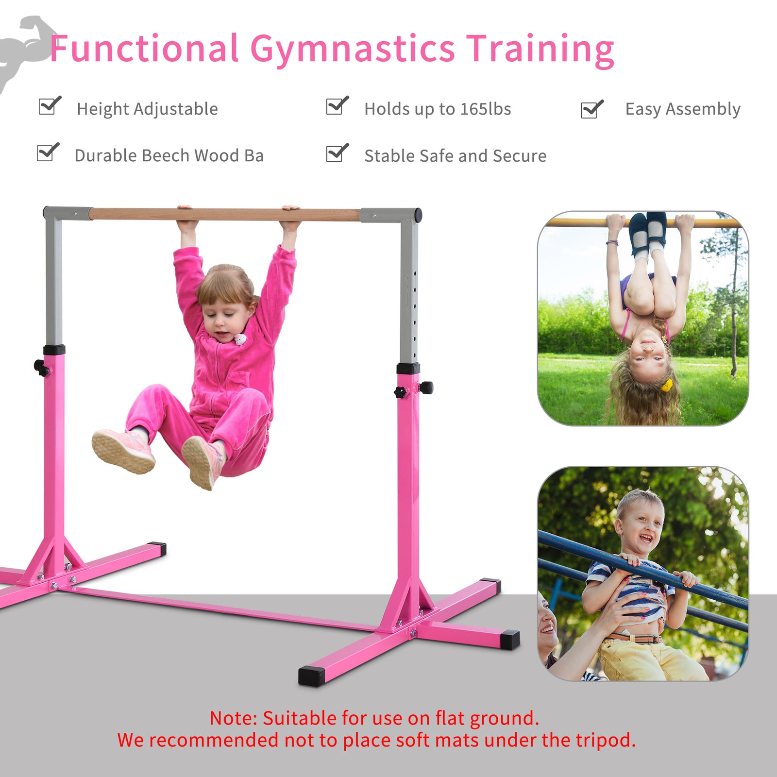 Adjustable Kids Gymnastics Bar Horizontal Training Steel Frame Wood | Pink