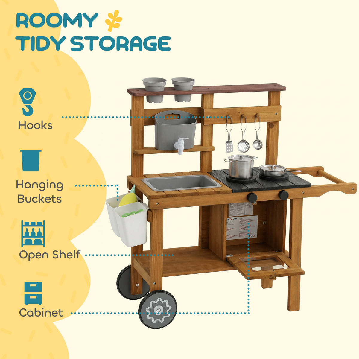 AIYAPLAY Wooden Mud Kitchen With Wheels, Stove, Stainless Steel Accessories