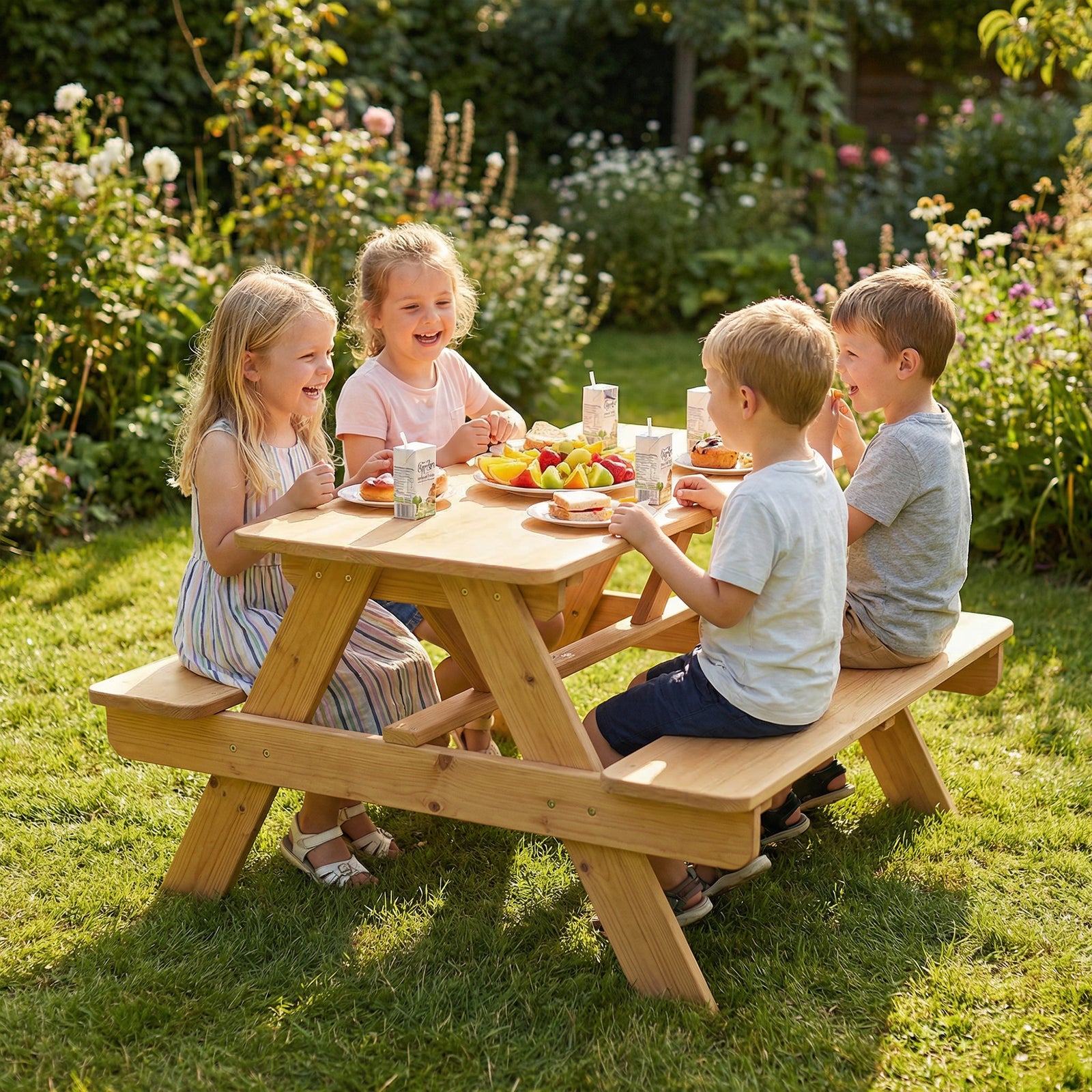 AIYAPLAY Kids Picnic Table Outdoor Wooden Natural Wood