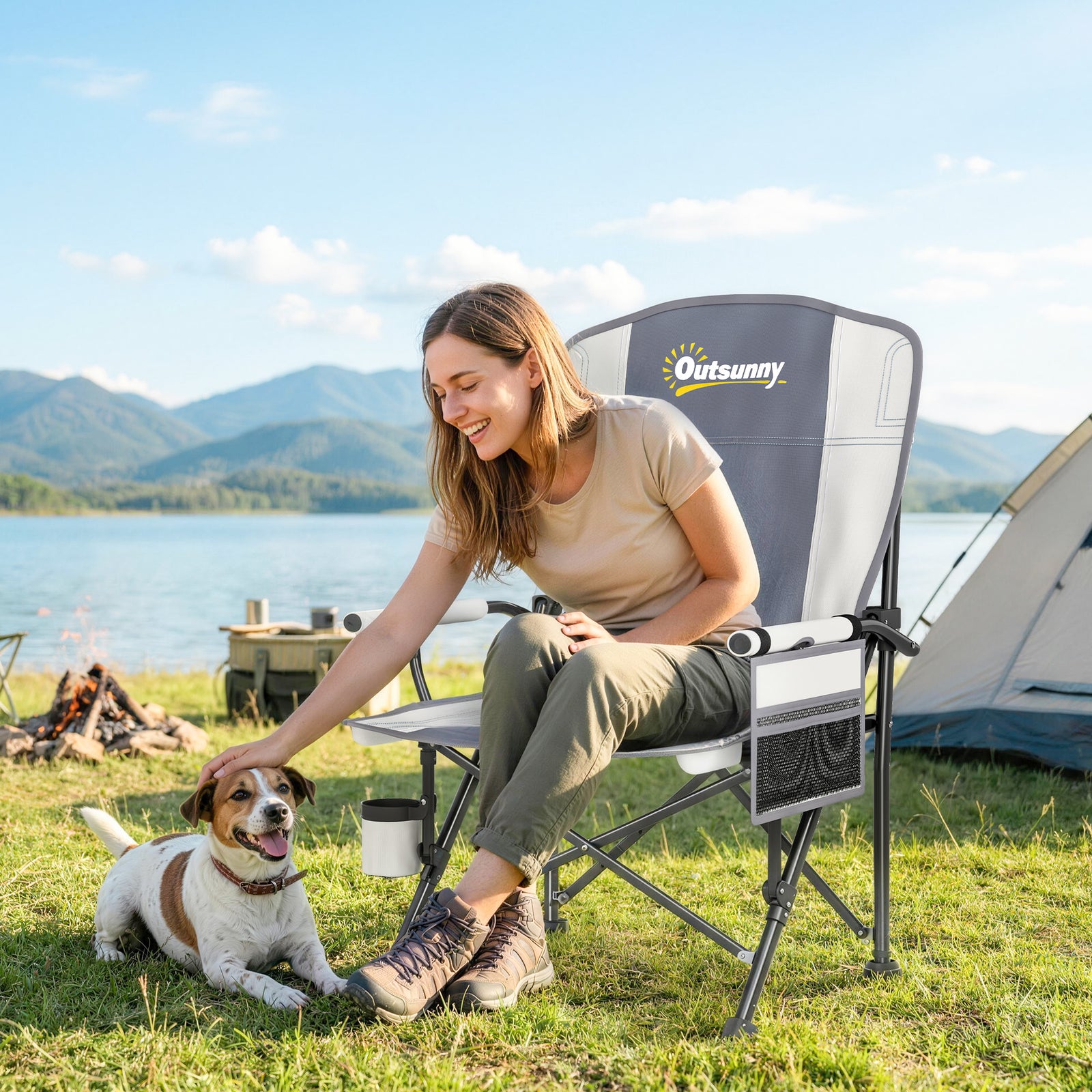 Camping Chair Padded With Side Pocket | Light Grey
