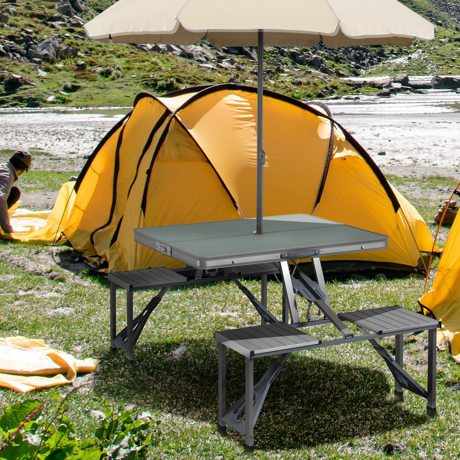 Folding Camping Picnic Table W/ 4 Seats And Umbrella Hole