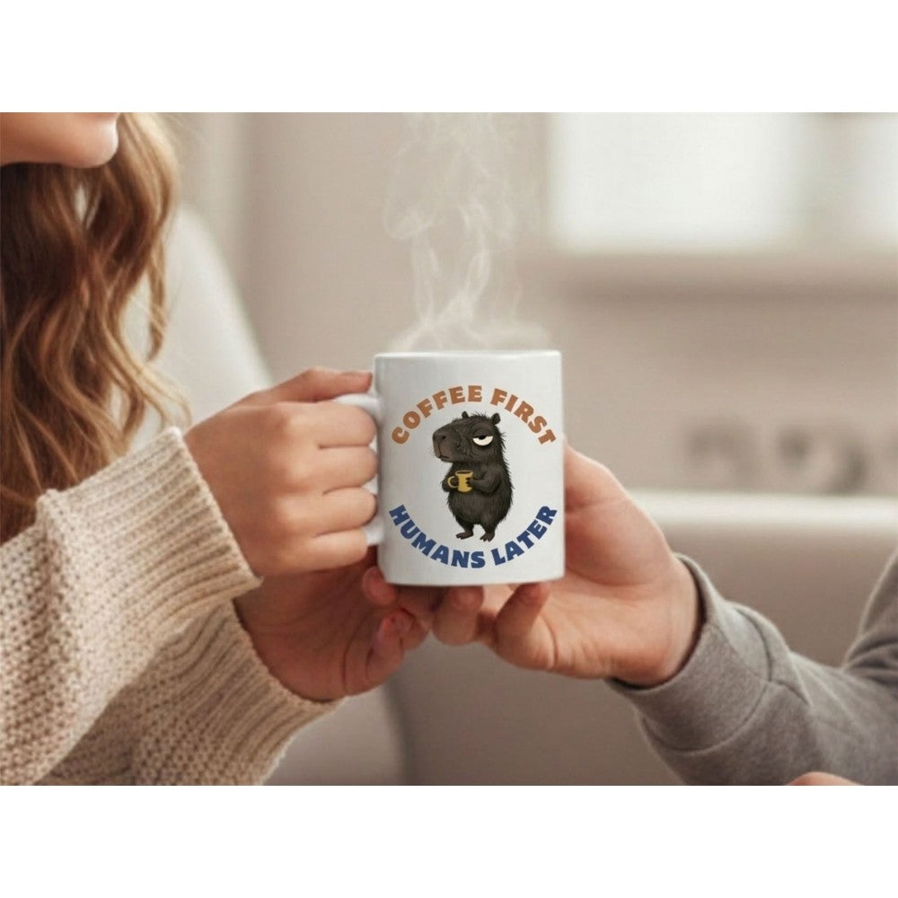 Dyzi Coffee First Humans Later Funny Quote Ceramic Mug White