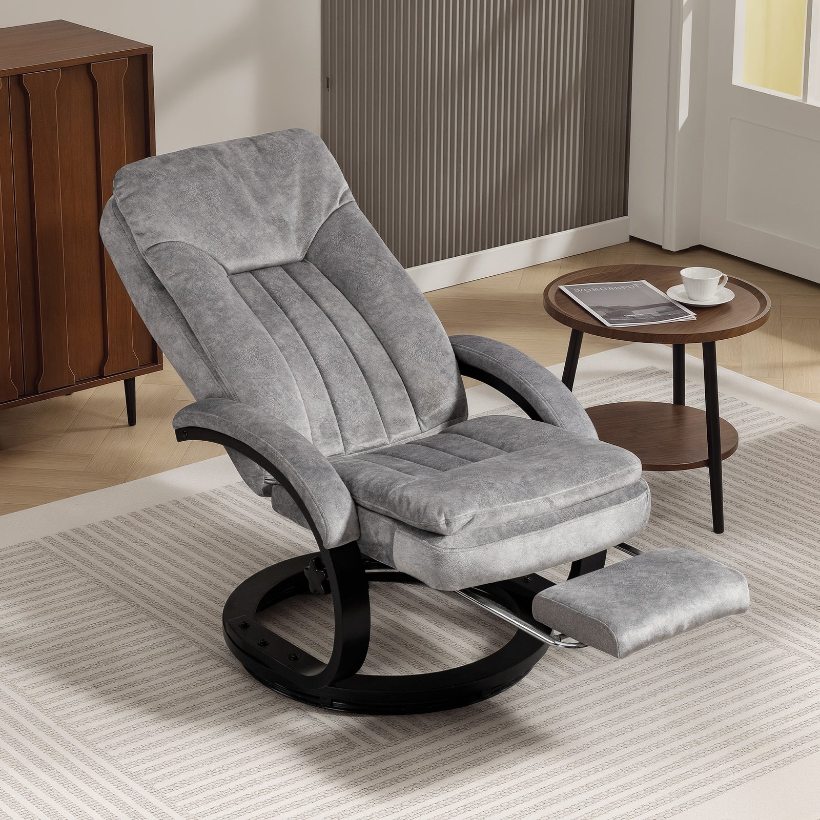 Manual Recliner Armchair With Footrest, Wooden Base | Grey