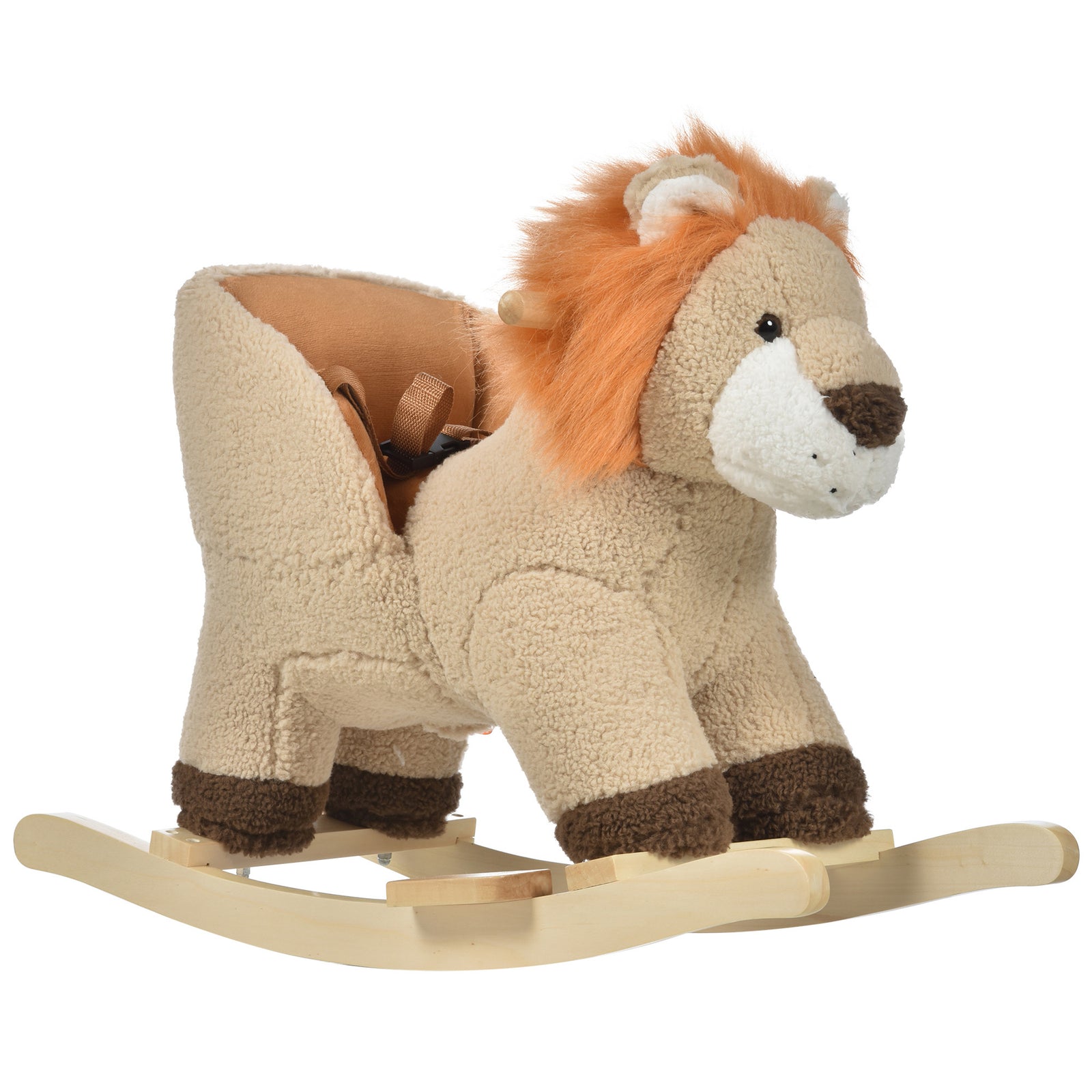 Kids Rocking Lion Plush Ride On Seat W/ Sound Button Wood Base Seat Belt
