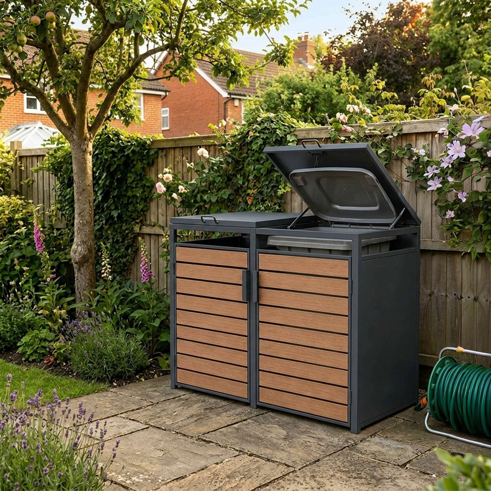 Outdoor Metal Bin Storage Double Wheelie Bin Storage Shed - Wood Slat Doors