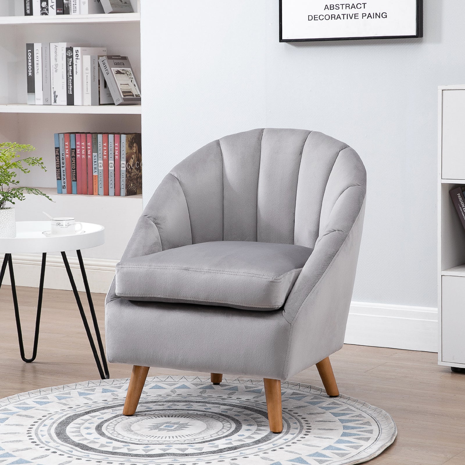 Velvet Fabric Single Sofa Accent Chair Solid Wood Leg