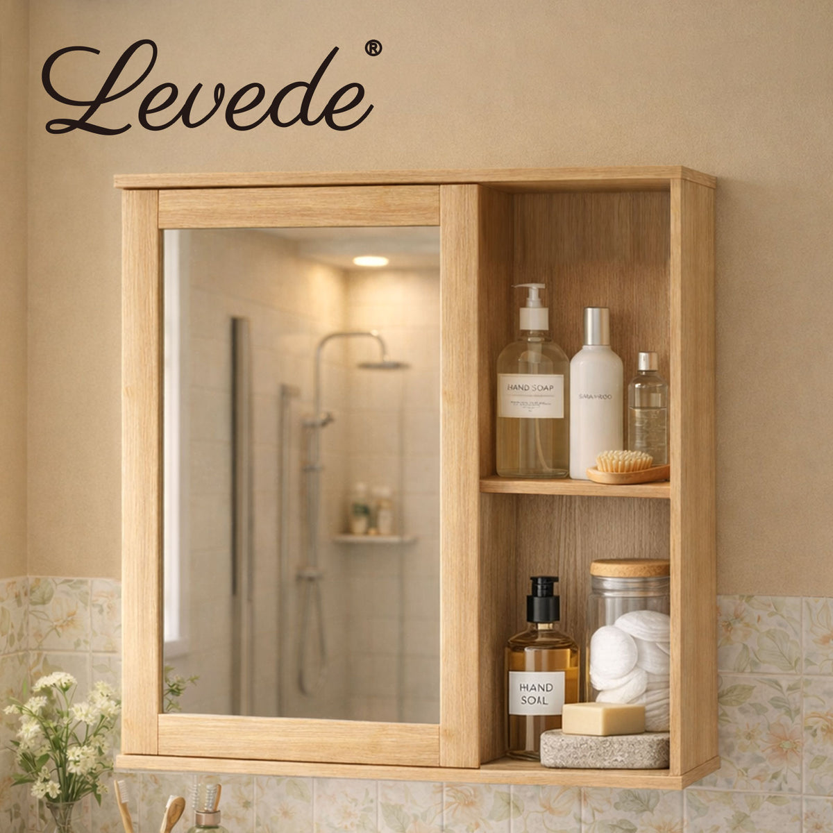 Bathroom Mirror Cabinet Wall Mounted Cupboard With Storage Shelf | Oak