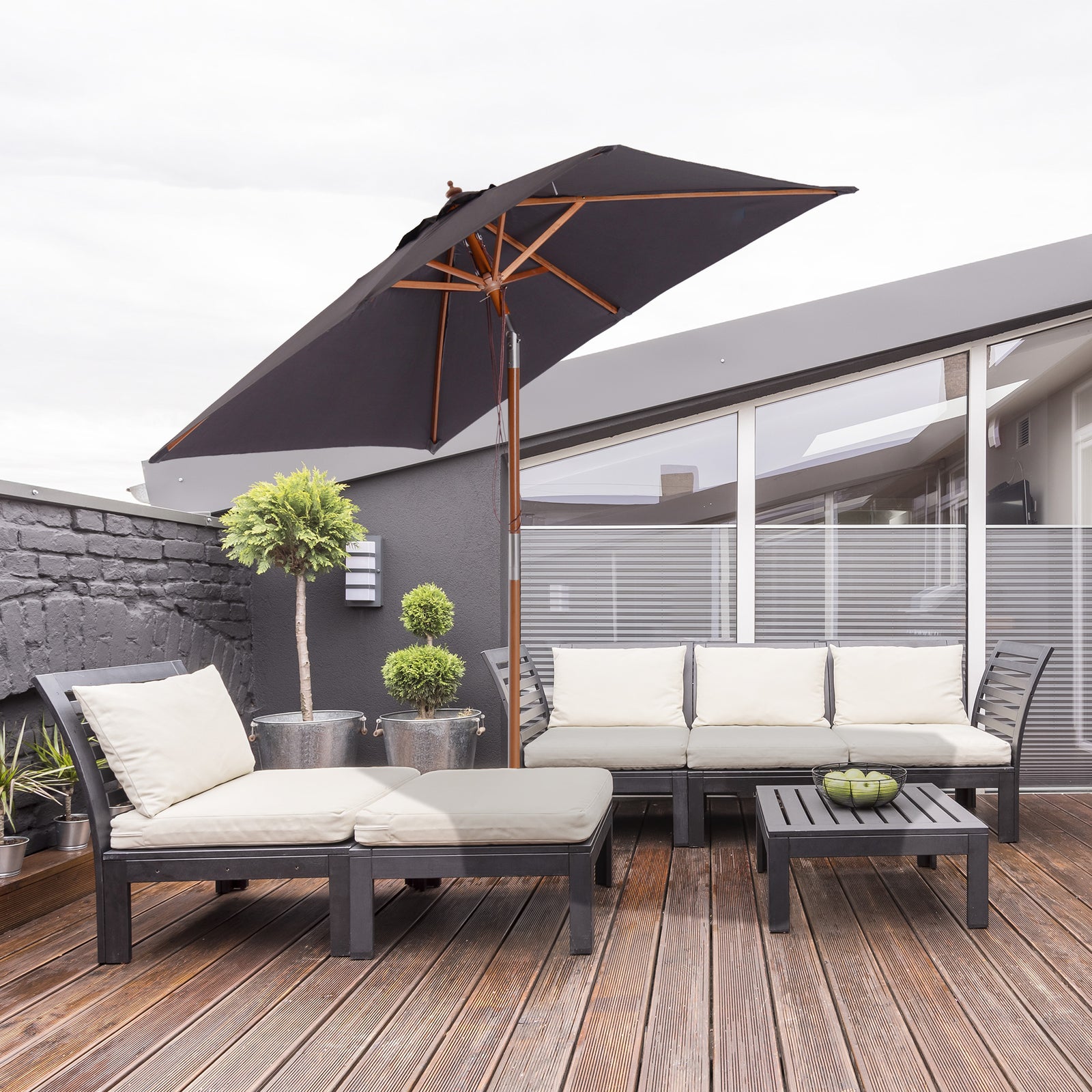 2x1.5m Wooden Patio Umbrella Parasol | Dark Gray