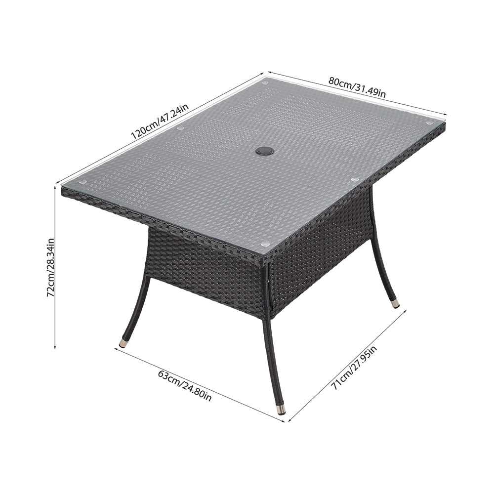 Garden Rattan Tempered Glass Top Rectangular Table With Parasol Hole - 120/150 Cm W X 80/90cm D X 72cm H | Small