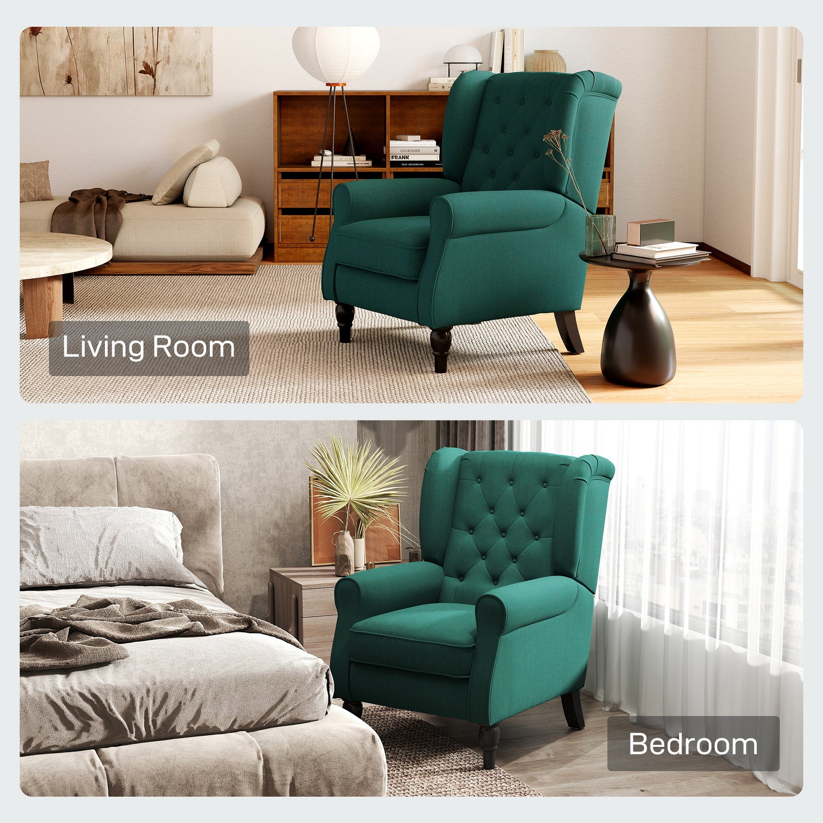 Accent Chair Wingback Armchair Retro Tufted Club Wood Fabric | Green