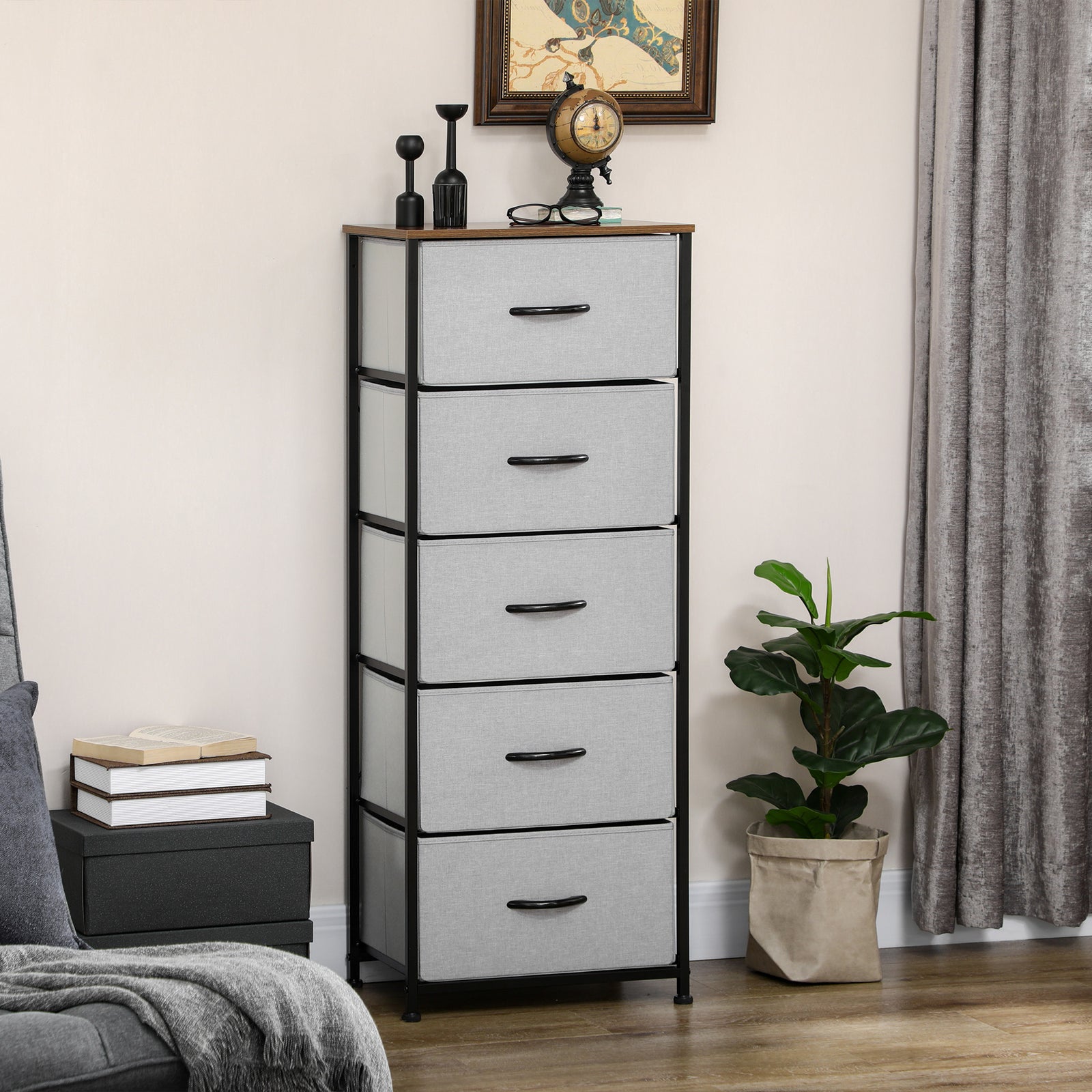 5 Drawer Fabric Chest Of Drawers W/ Wooden Top For Closet