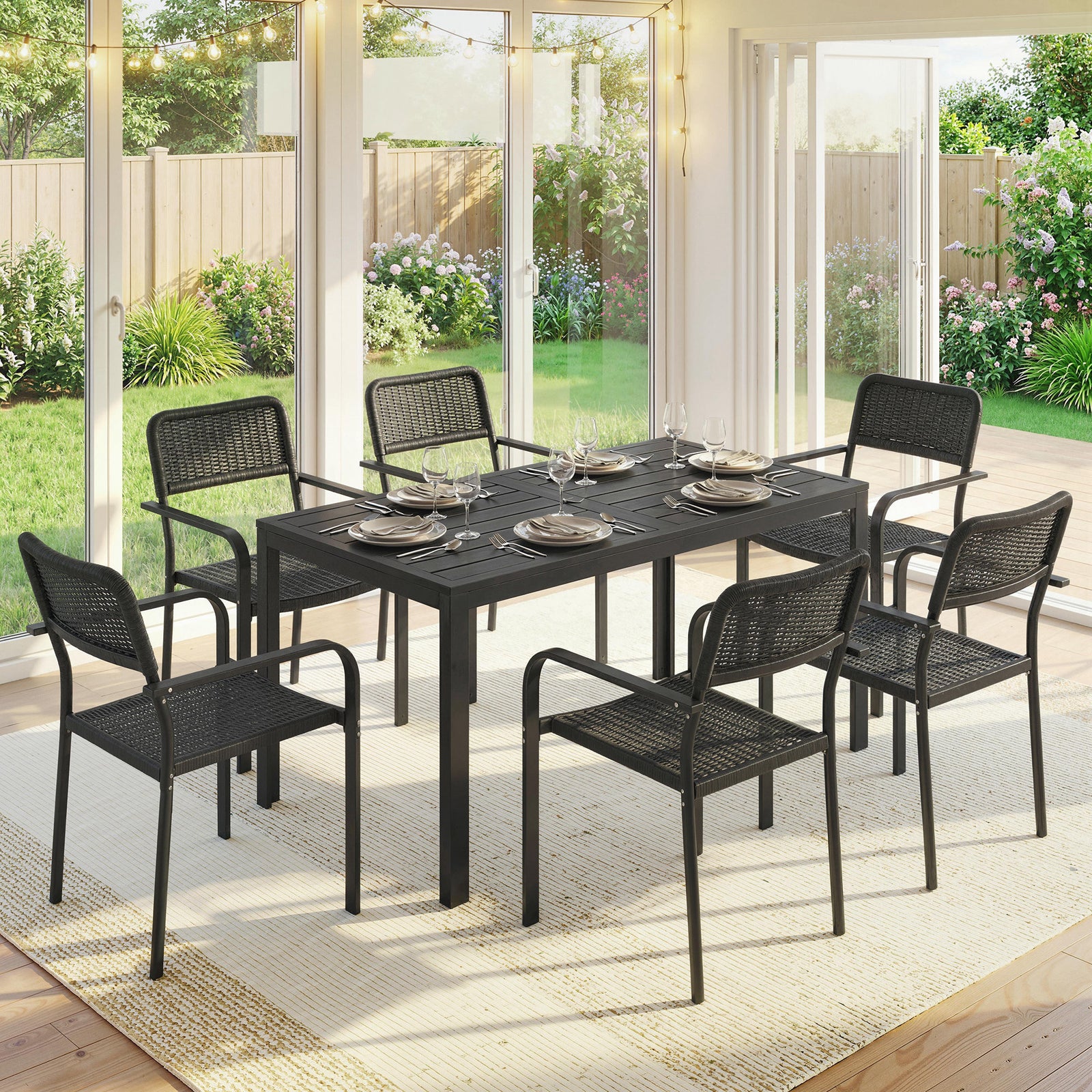 Outsunny Garden Dining Set With Umbrella Hole For 6 People, Black