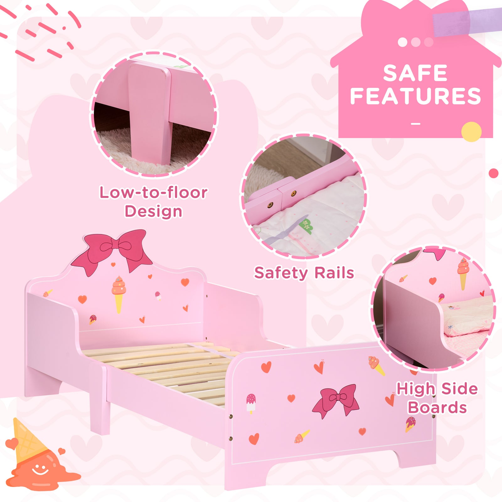 Princess-themed Kids Toddler Bed With Cute Patterns, Safety Rails - Pink | Pink