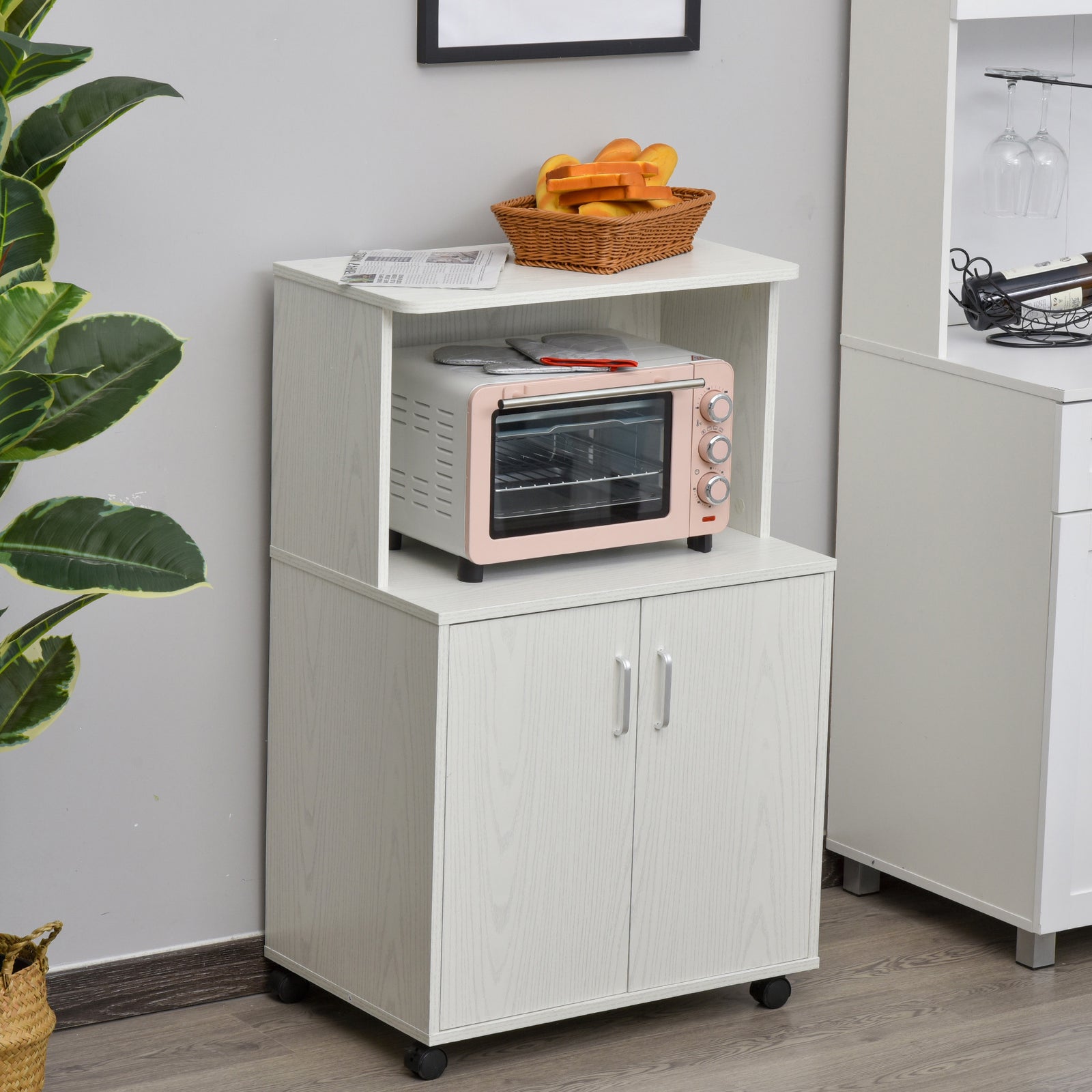 Microwave Cart On Wheels, Storage Shelf, 2-door | White