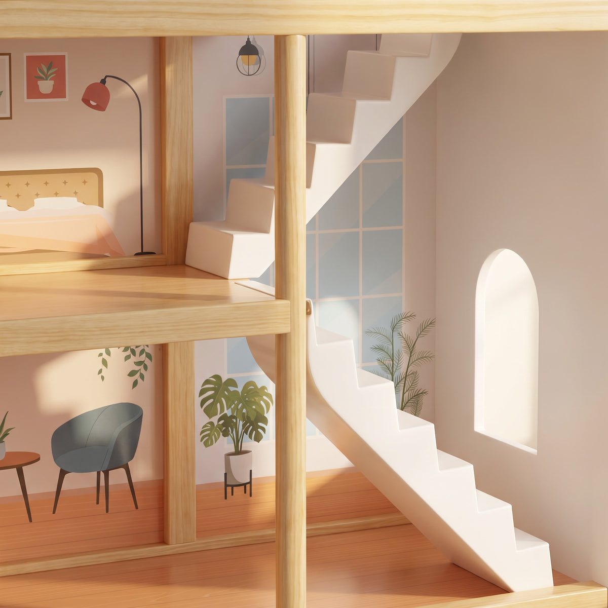 Kids Wooden Dolls House 3 Story With 5 Rooms, 11 Accessories, White
