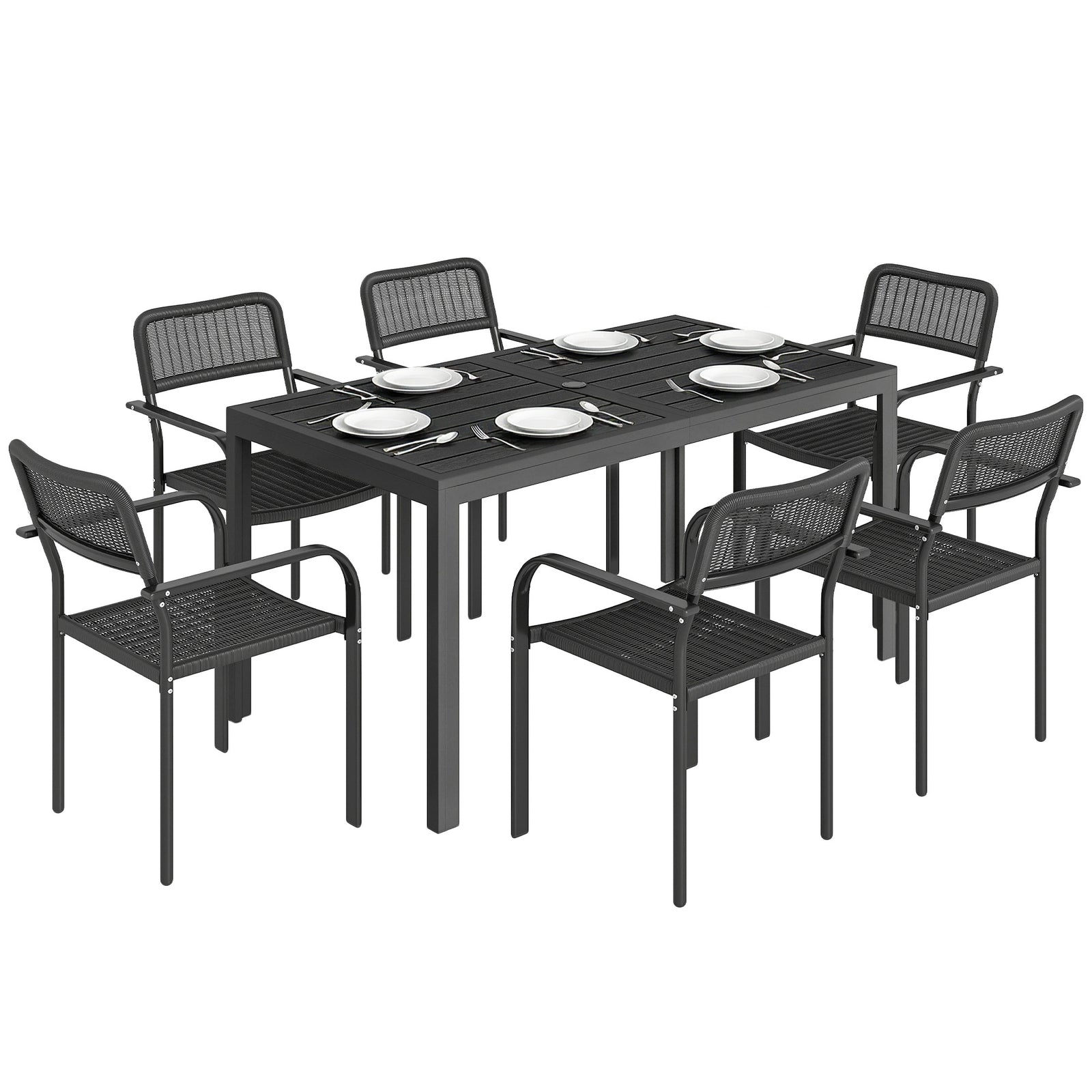 Outsunny Garden Dining Set With Umbrella Hole For 6 People, Black