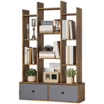 12-tier Bookshelf, Bookcase W/ 2 Folding Drawer | Rustic Brown