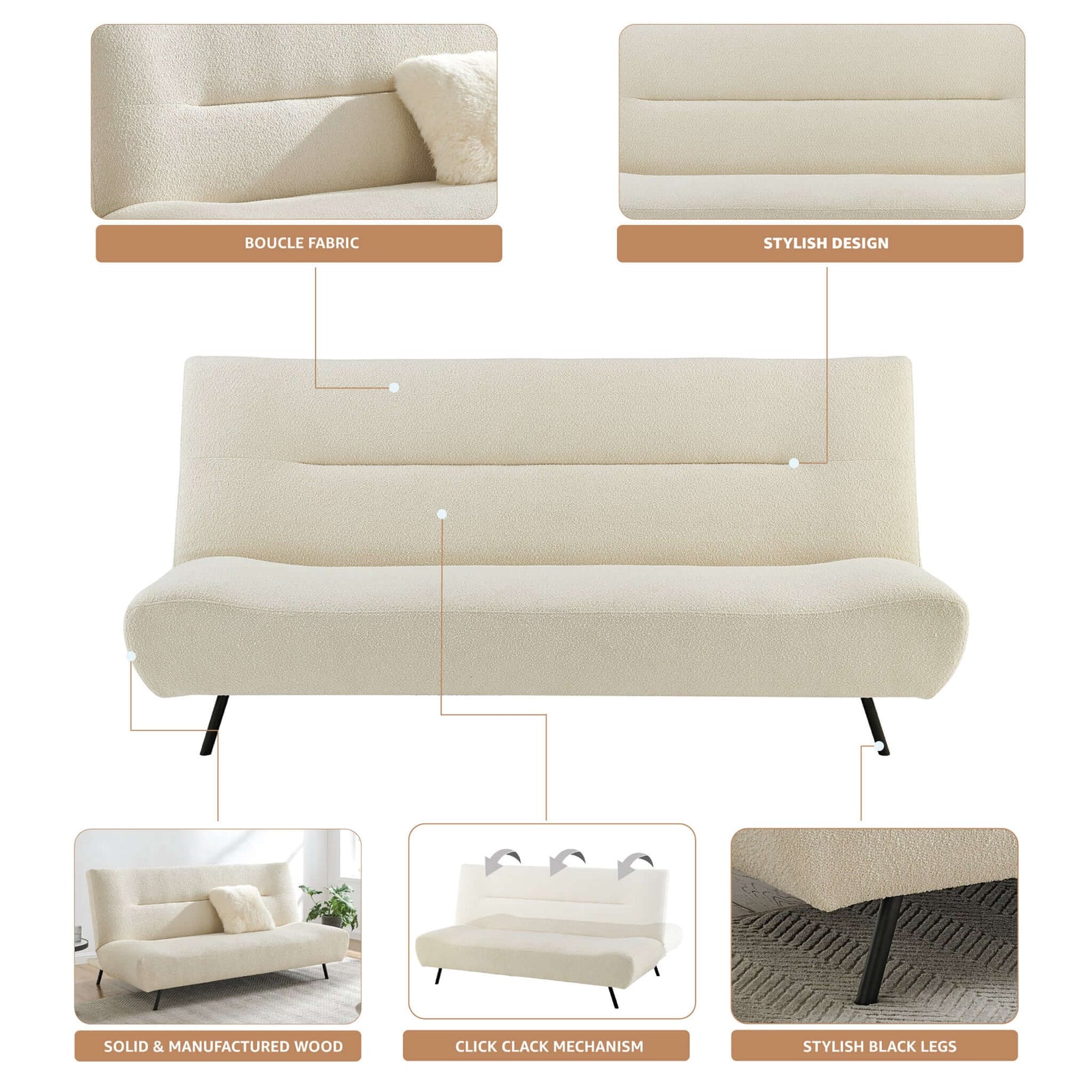 Fluffy Boucle Click-clack Sofa Bed - 2 Seater