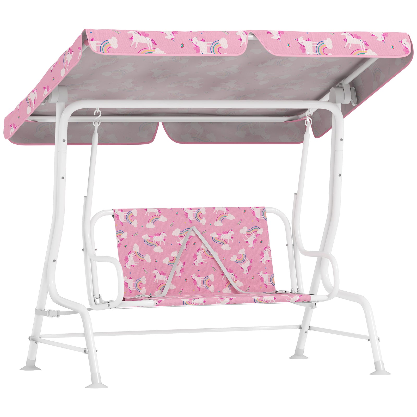 Kids 2-seater Porch Swing With Seat Belts, Adjustable Canopy Pink