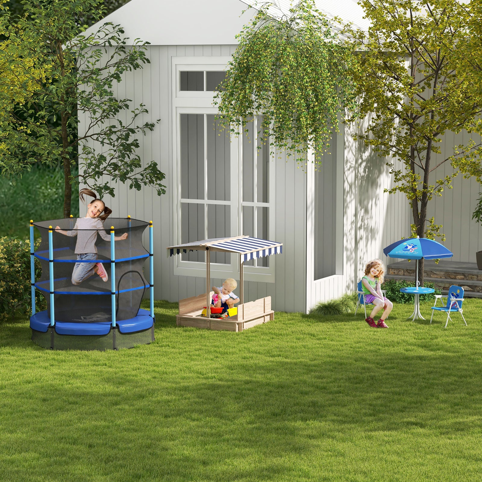 Kids Square Wooden Sandpit Children Cabana Sandbox Outdoor Playset | Blue