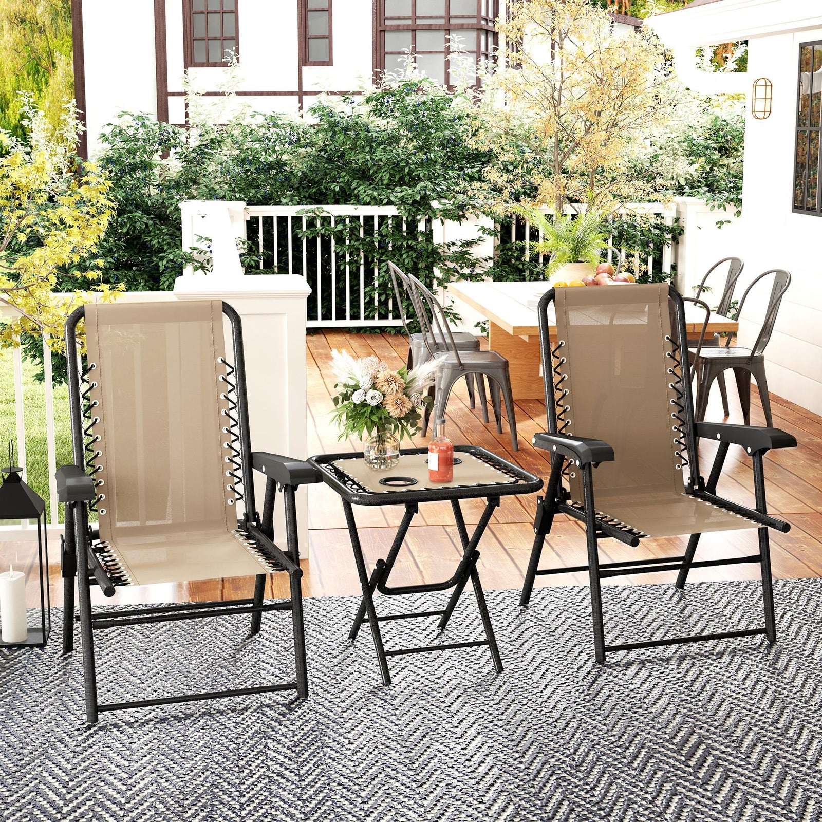 3 Pieces Folding Garden Bistro Set With Cup Holders | Khaki