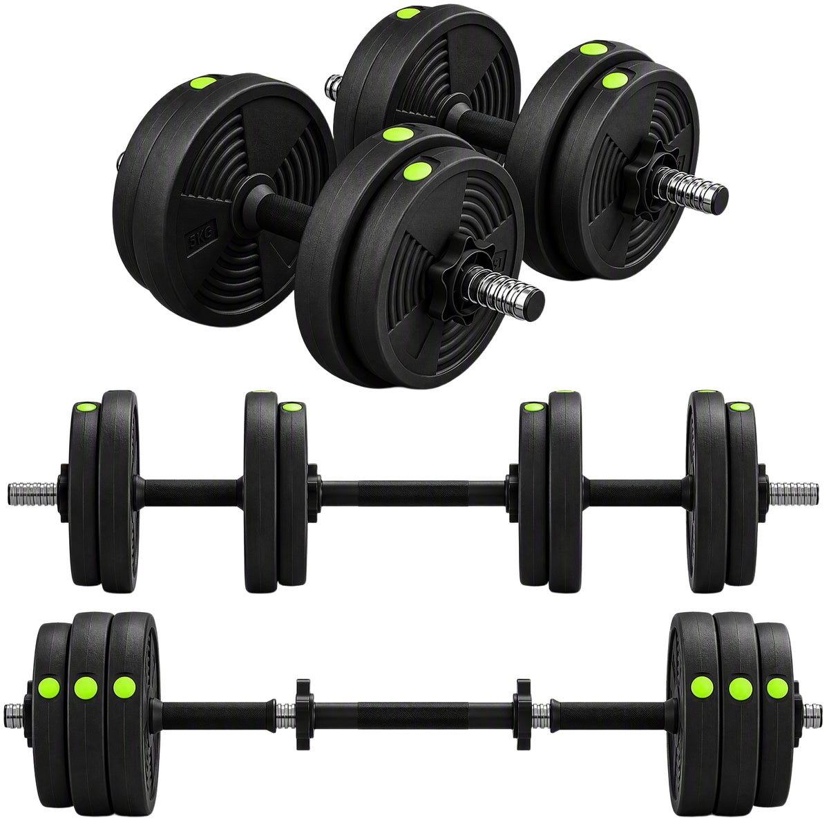 SPORTNOW 15kgs 2-in-1adjustable Barbell & Dumbbells Set, Black And Green