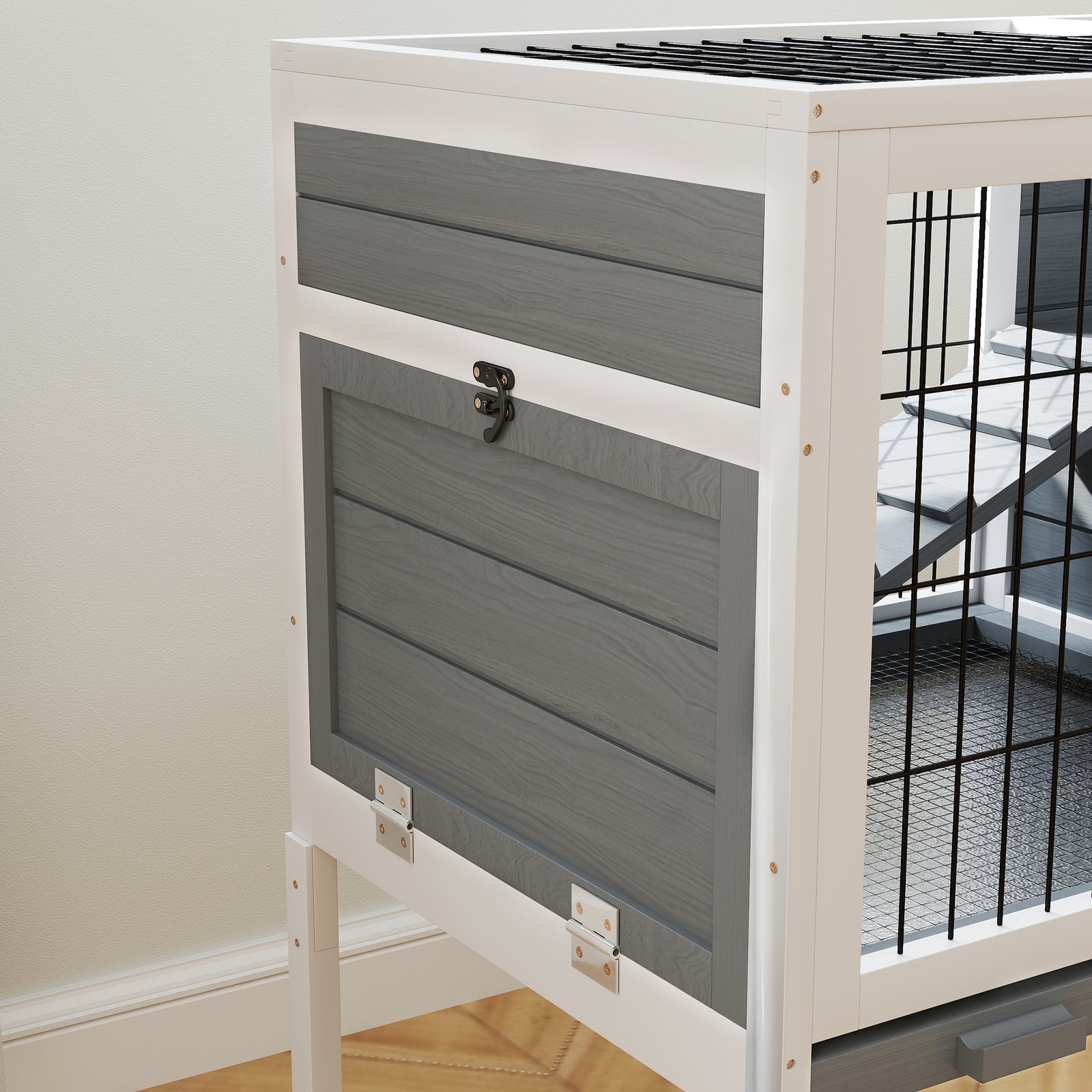 Rabbit Hutch Guinea Pig Cage W/ Removable Tray, Openable Roof, Grey