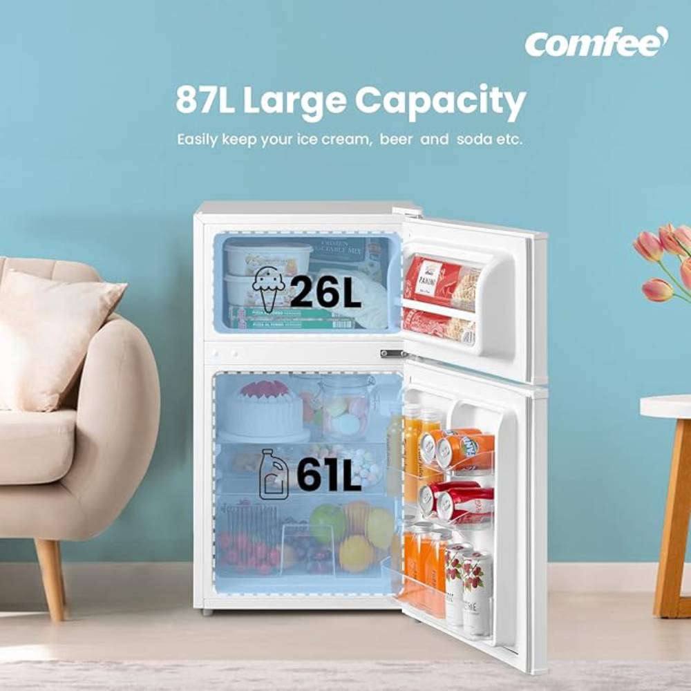 Comfee 87l Mini Fridge Freezer, 2-door Refrigerator With Led Light, Shelves, Drawer & Adjustable Thermostat | White