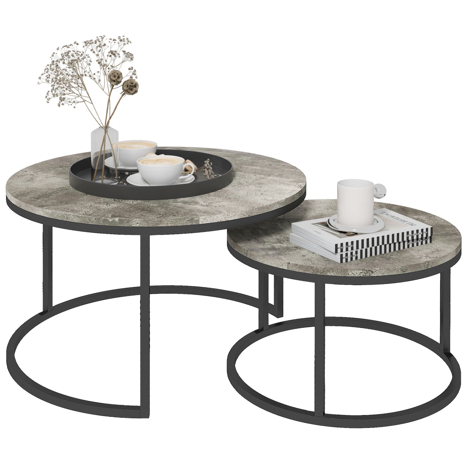 Stacking Coffee Tables Set, Marble Effect | Charcoal Gray