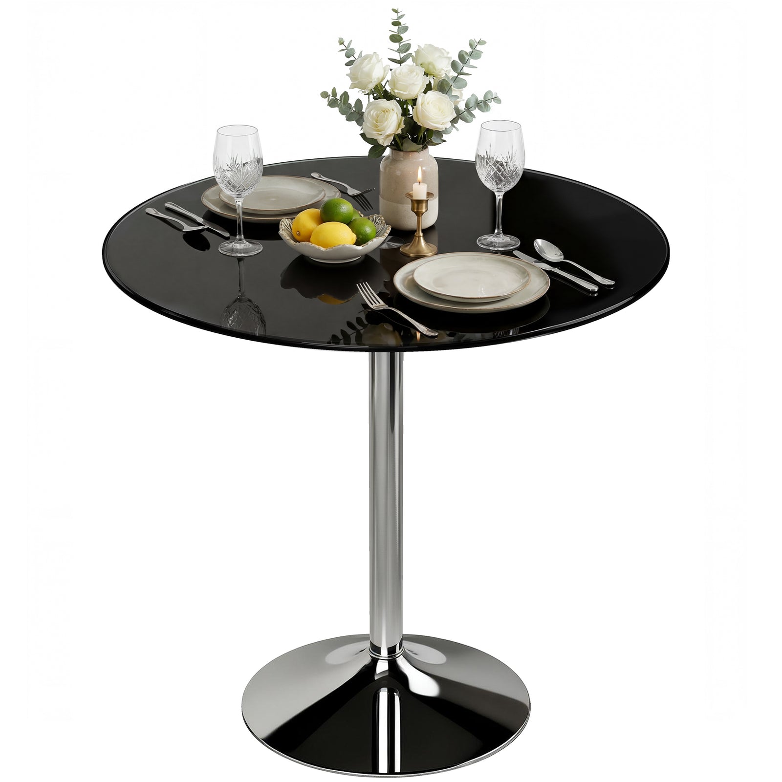 Round Bar Table, Dining Table With Tempered Glass Top And Steel Frame | L | Black