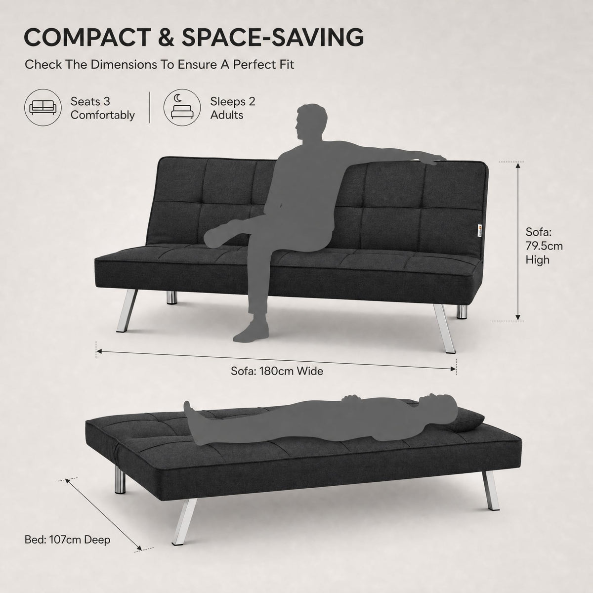 Britney Linen Sofa Bed 3 Seater | Black