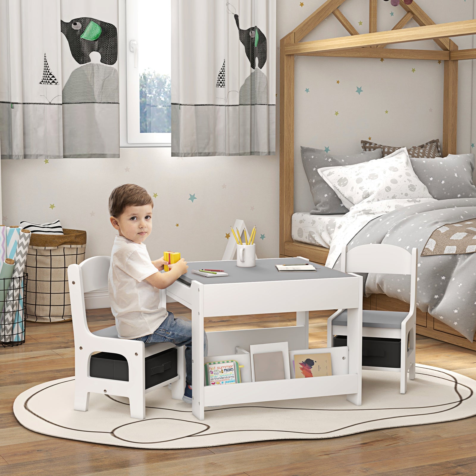 3pcs Kids Table And Chair Set For Nursery, Playroom, Classroom | Grey
