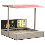 Kids Wooden Sandpit, Sandbox W/ Canopy, Seats, For Gardens - Grey