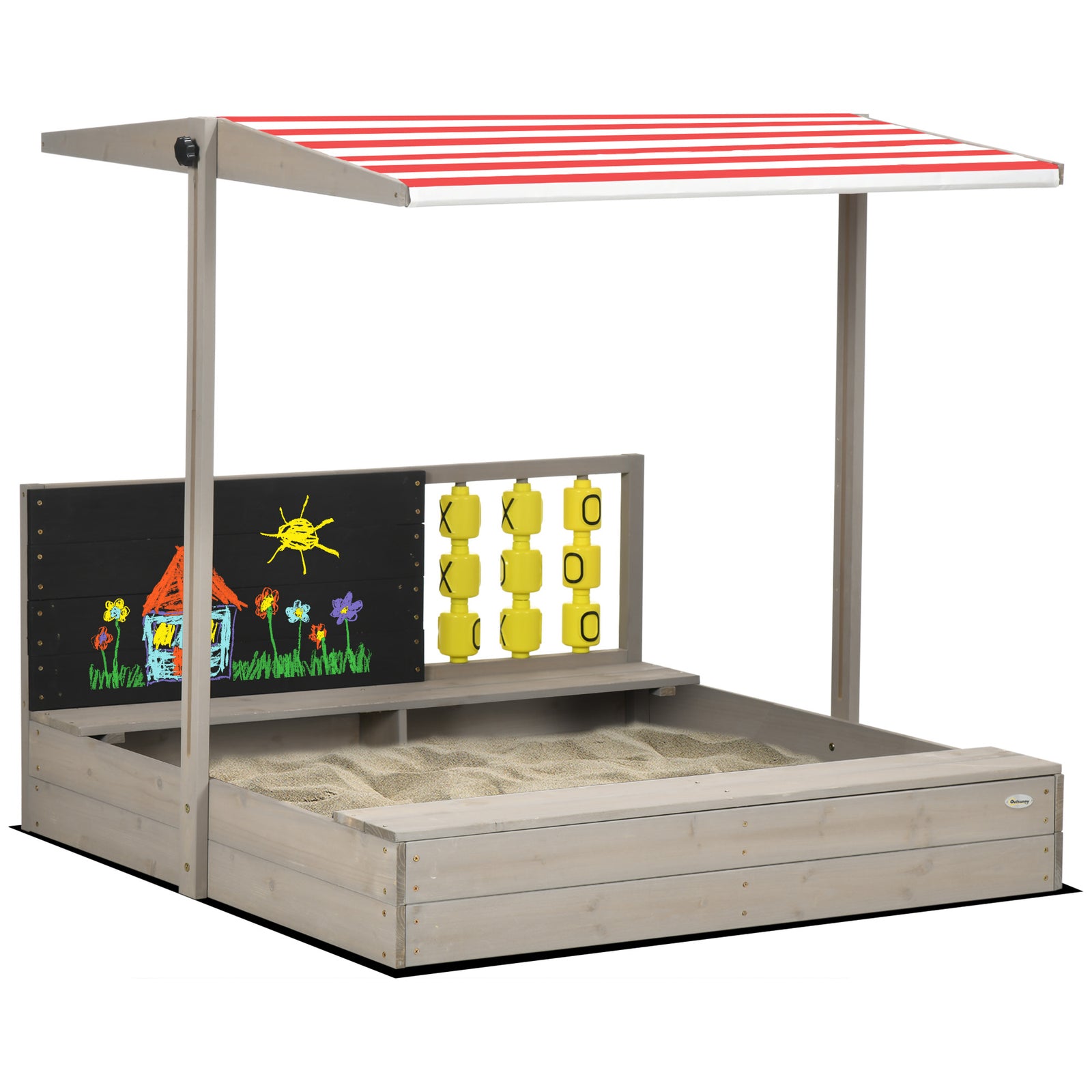 Kids Wooden Sandpit, Sandbox W/ Canopy, Seats, For Gardens - Grey