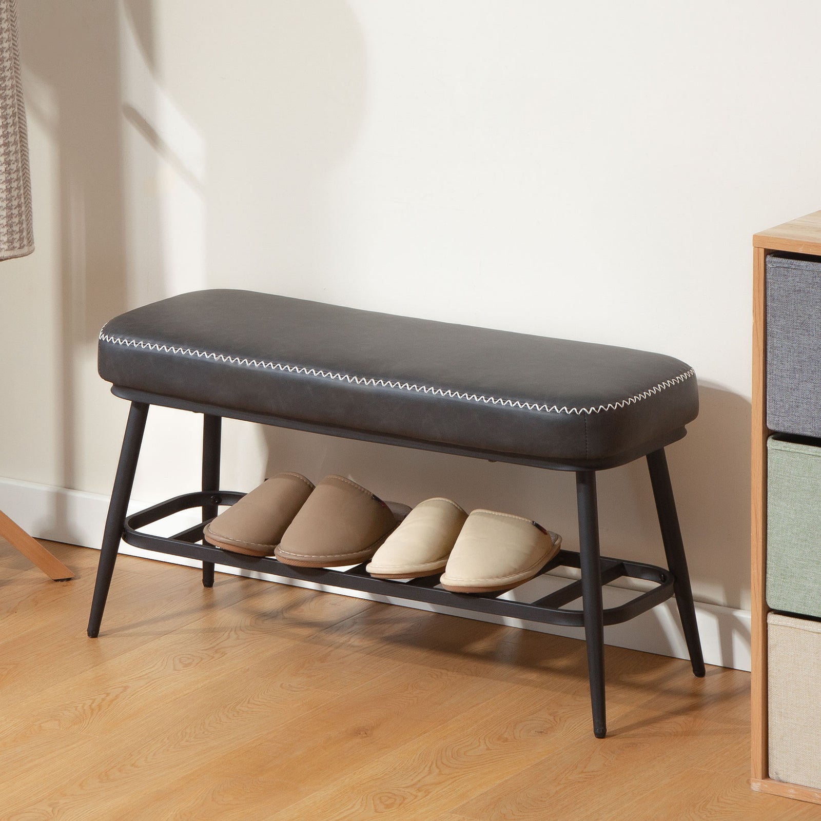 Shoe Bench, Pu Leather Shoe Storage Bench For Entryway | Charcoal Grey