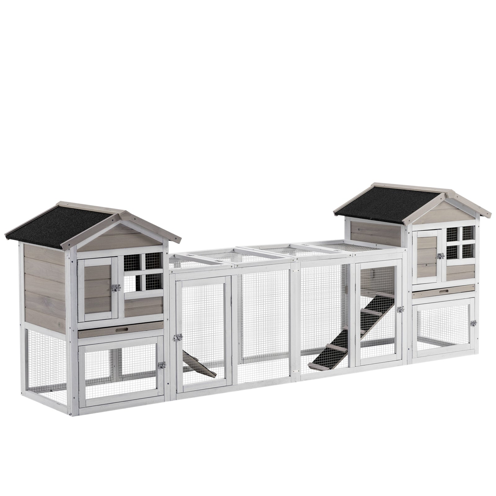2-in-1 Rabbit Hutch W/ Double House, Run Box, Slide-out Tray, Ramp