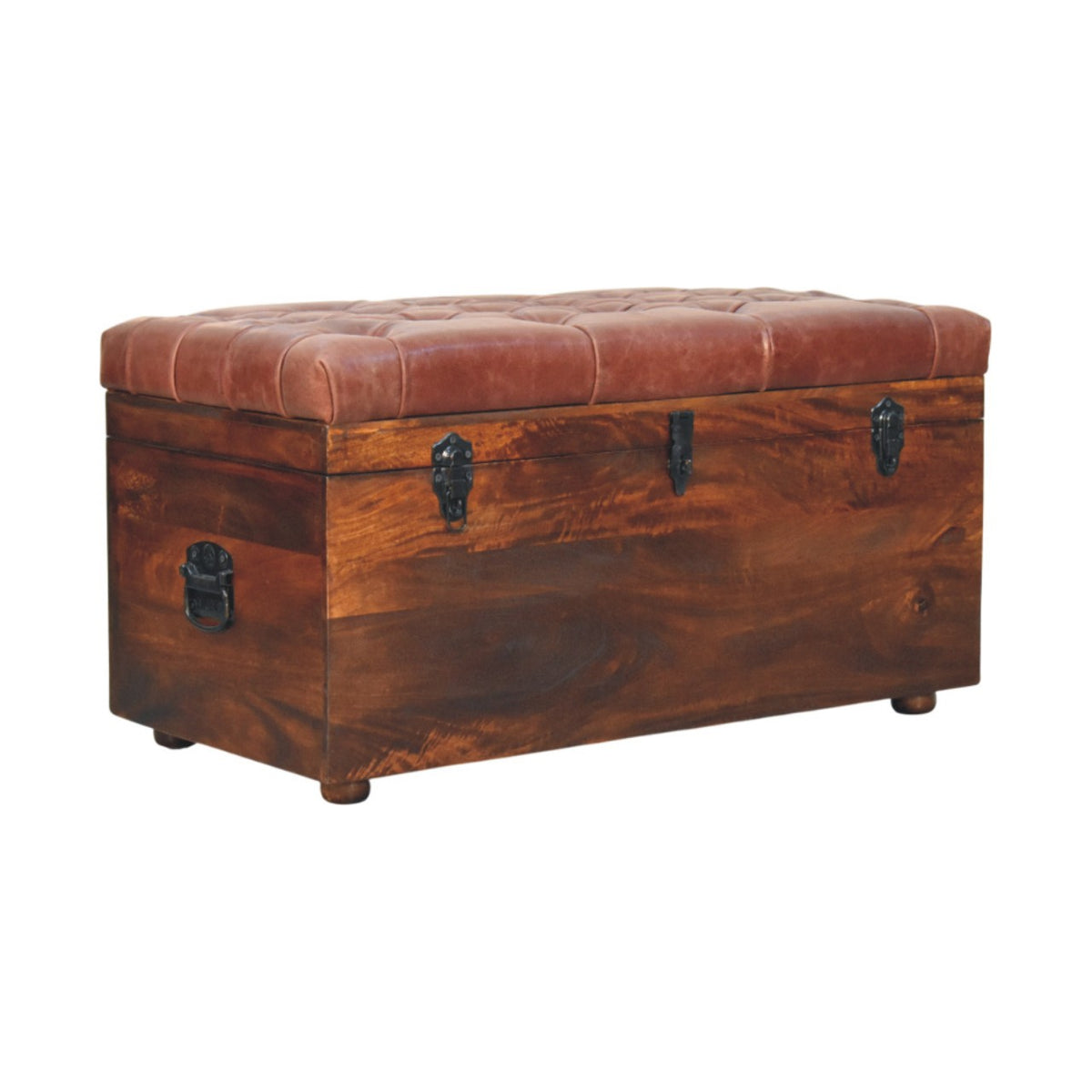 Solid Wood Brown Buffalo Hide Leather Storage Trunk