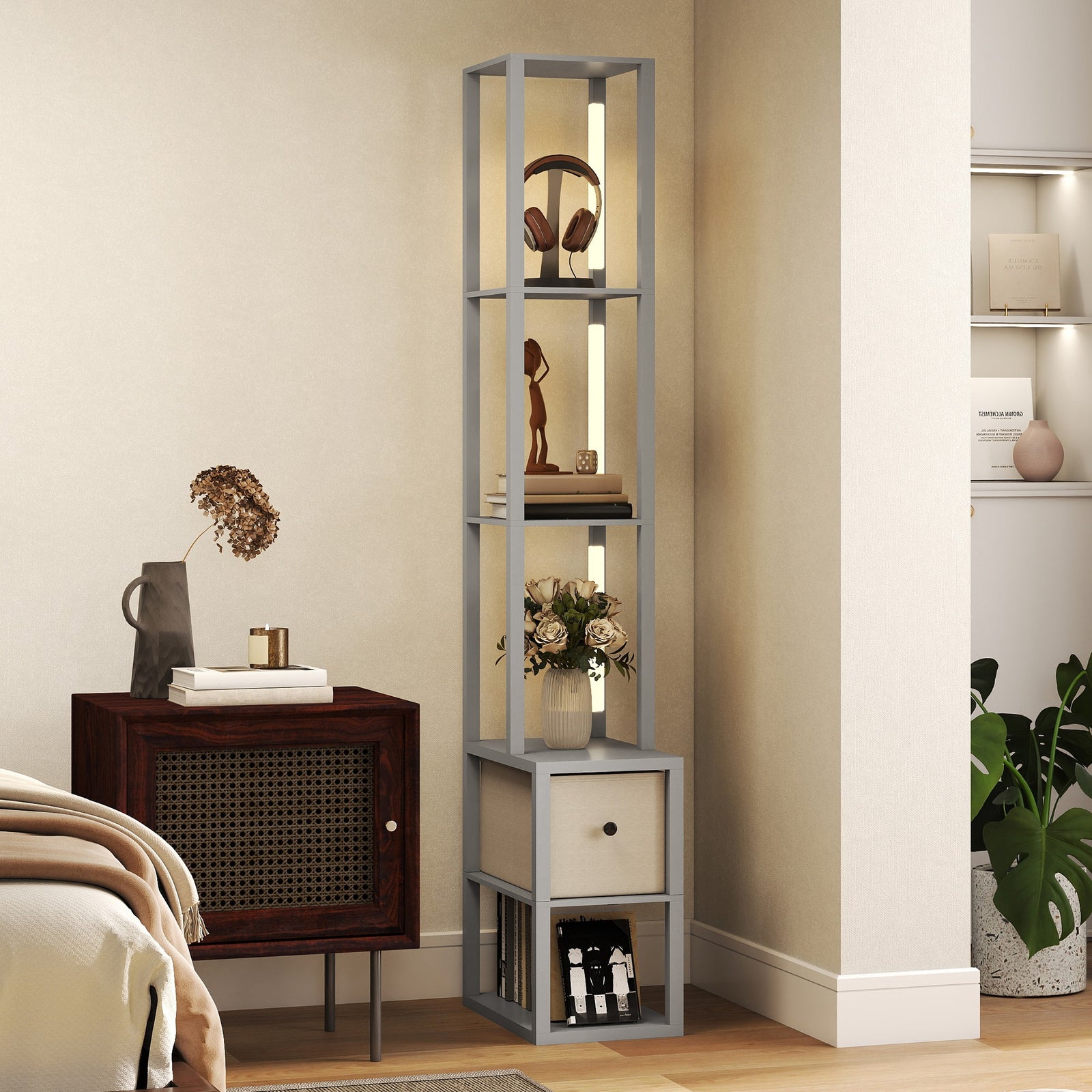Floor Lamp With Shelves, Led Standing Lamp With Fabric Drawer | Grey