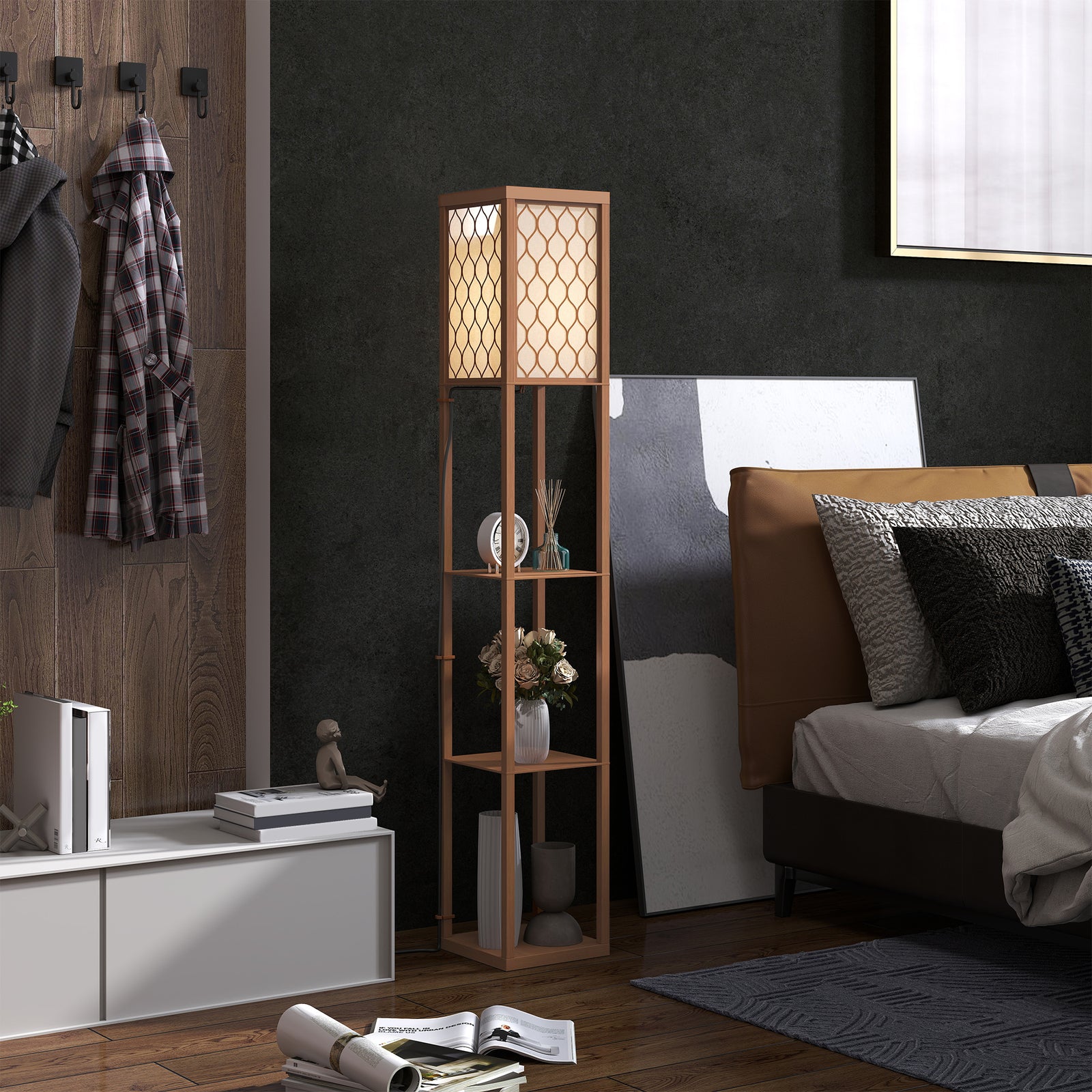 Modern Floor Lamp Light With 3 Shelves Fabric Lampshade | Natural