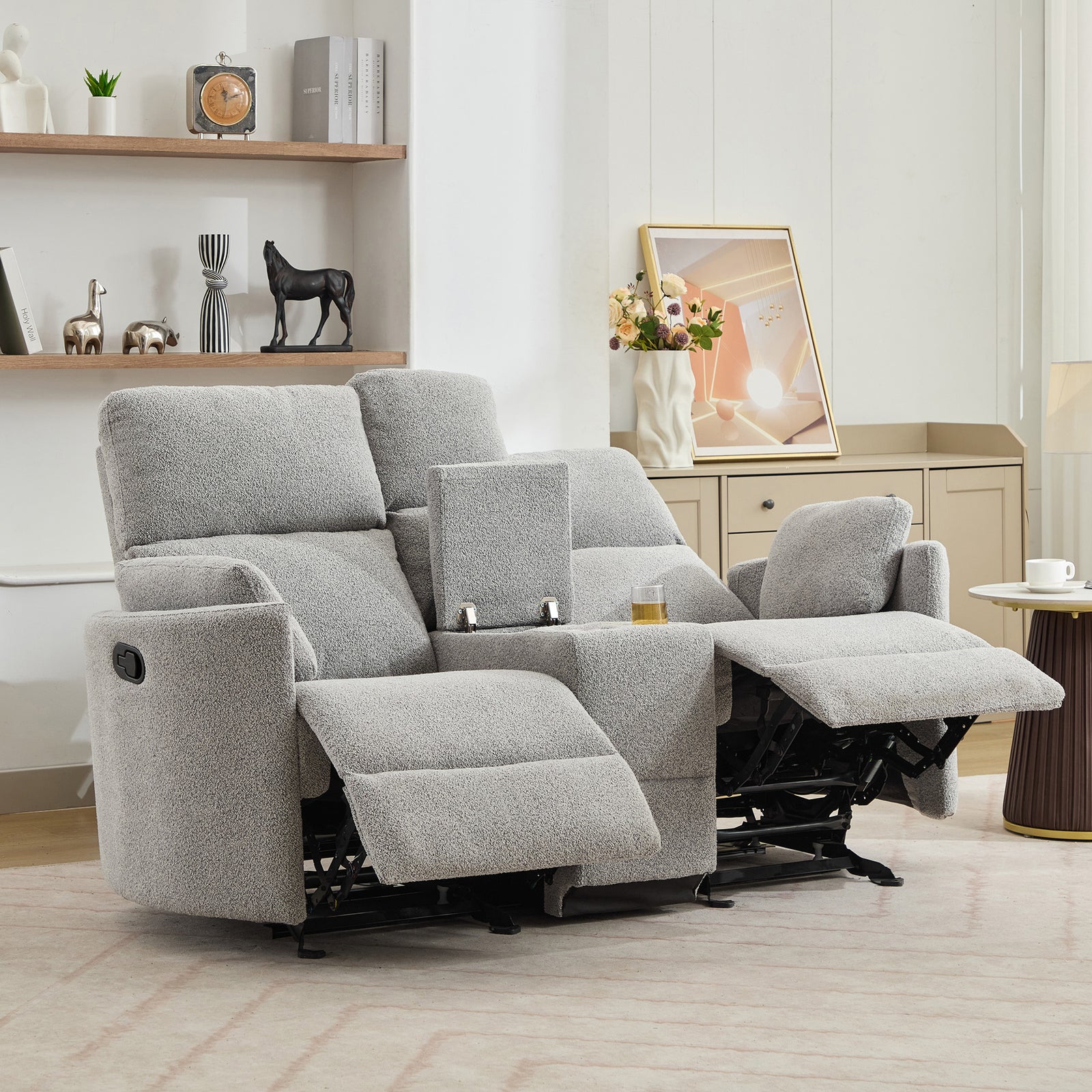 Powell 2 Seat Rocker Recliner Sofa With Centre Console | Light Grey