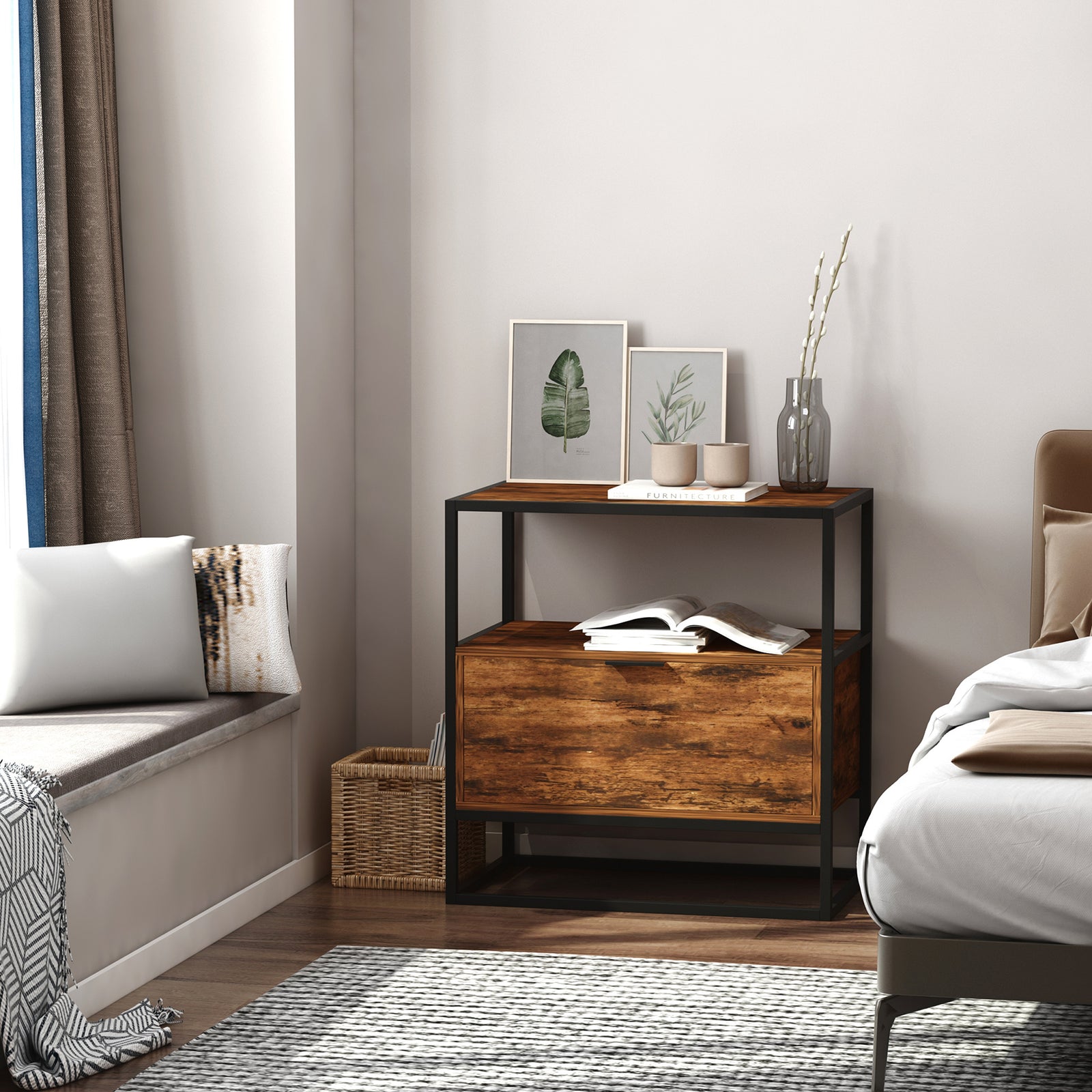 Industrial-style Side Table With Drawer, Open Shelf