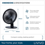 Livivo Compact Desktop Usb Fan 6 Inch Steel Base Cooling Black