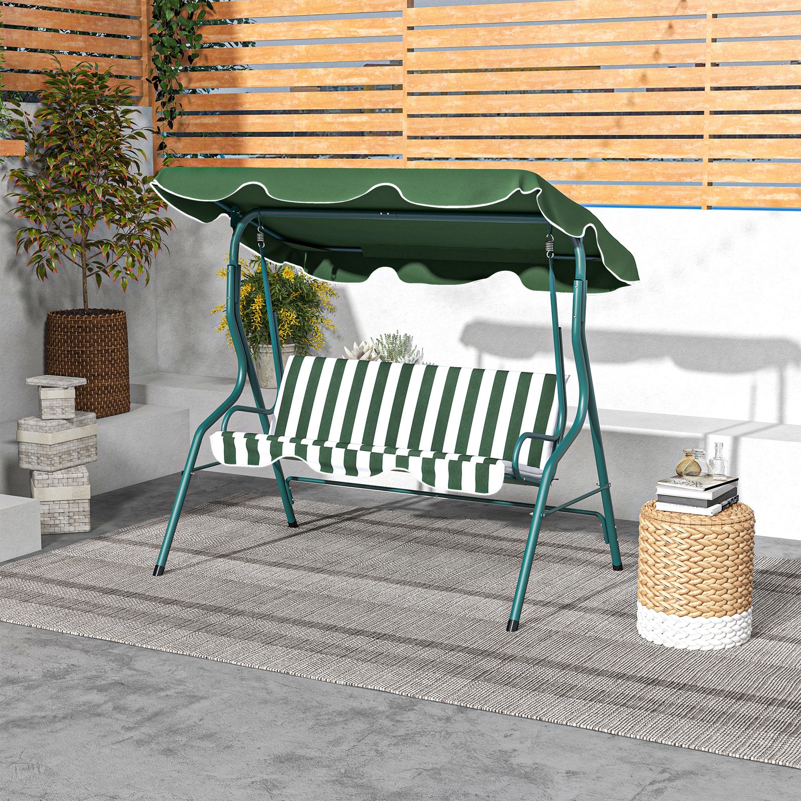 3-person Garden Swing Chair With Adjustable Canopy, Stripes | Green