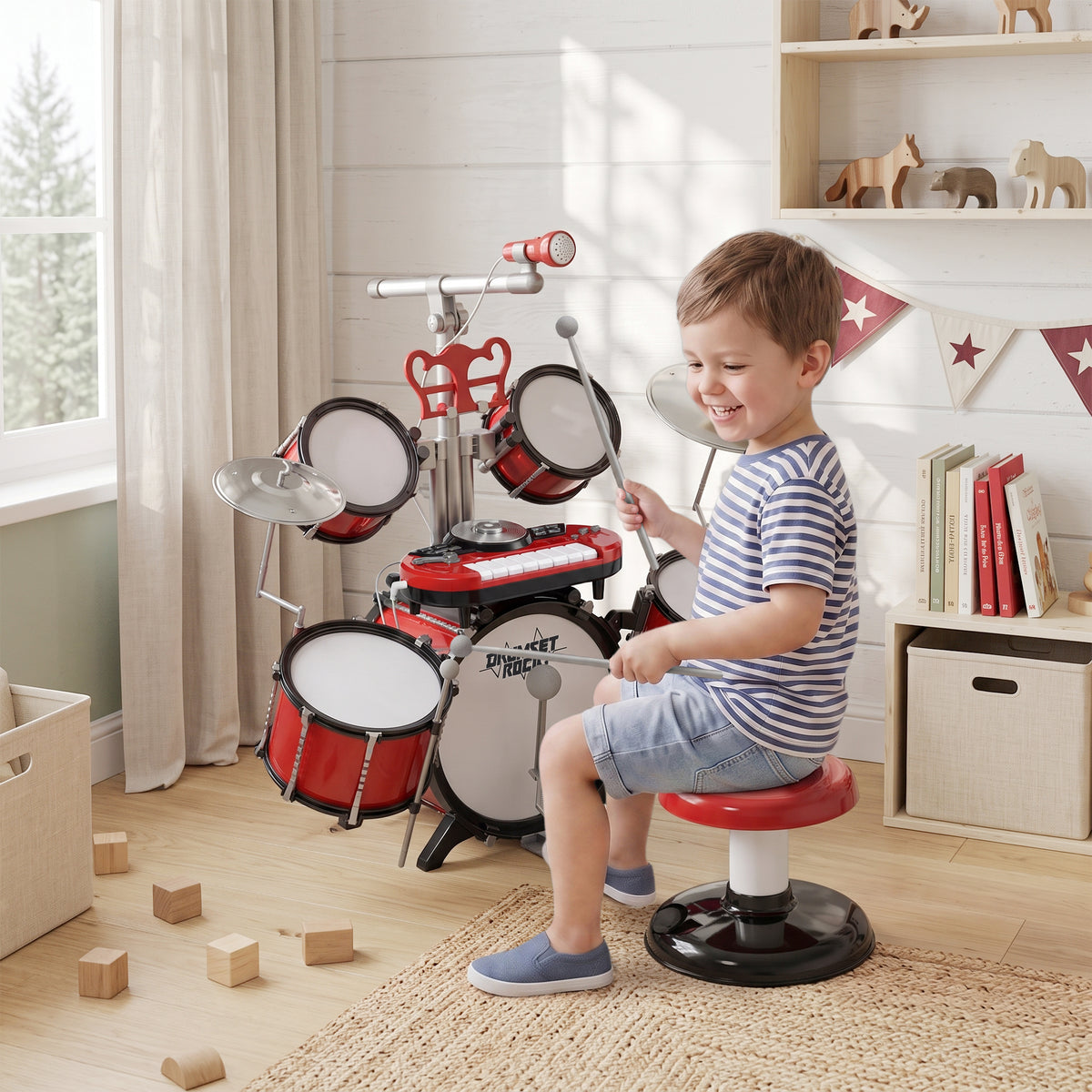 HOMCOM Kids Drum Set For Beginners With Stool, Educational Musical Toy, Red