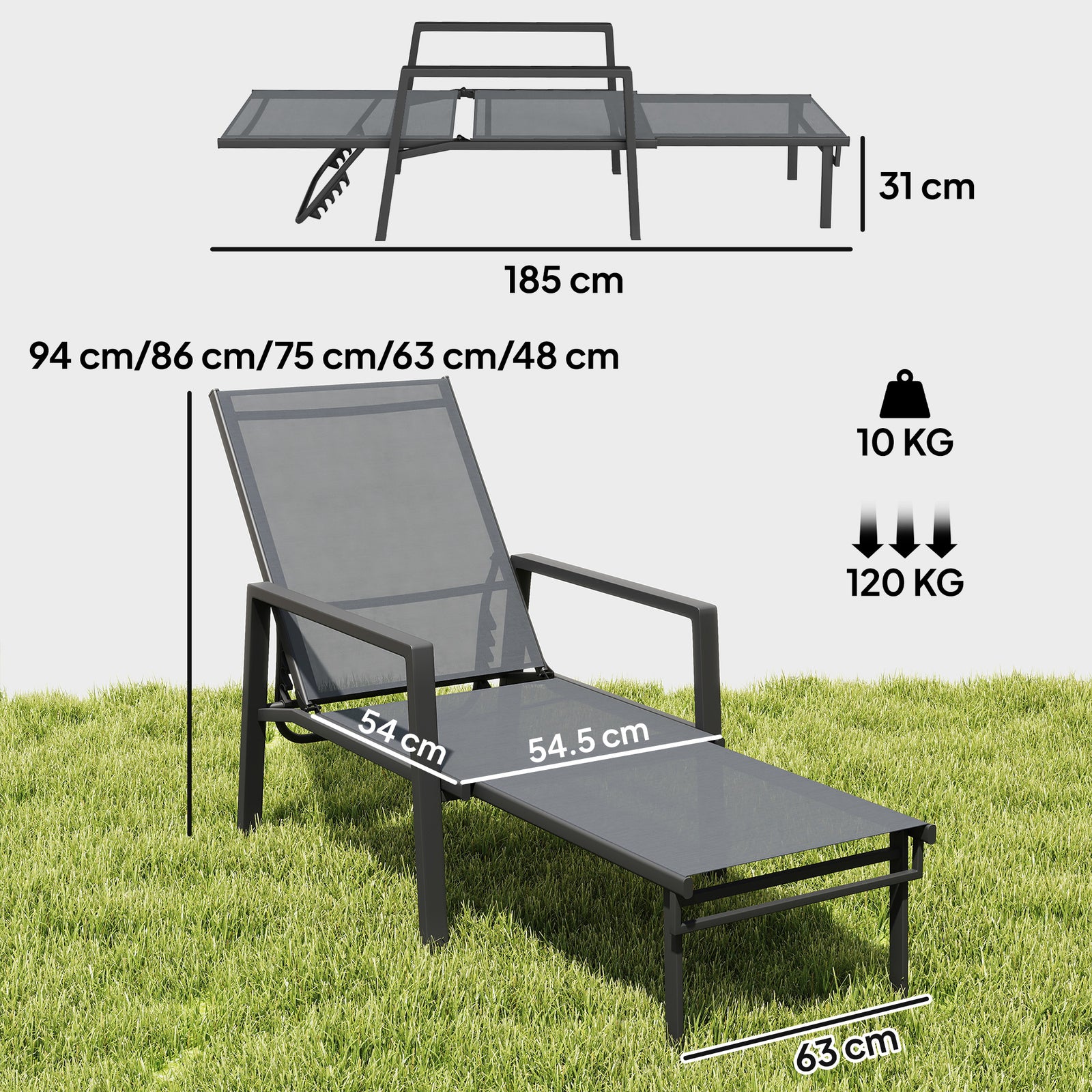 Sun Lounger W/ Retractable Footrest, 5-position Adjustable | Set-of-2 | Grey